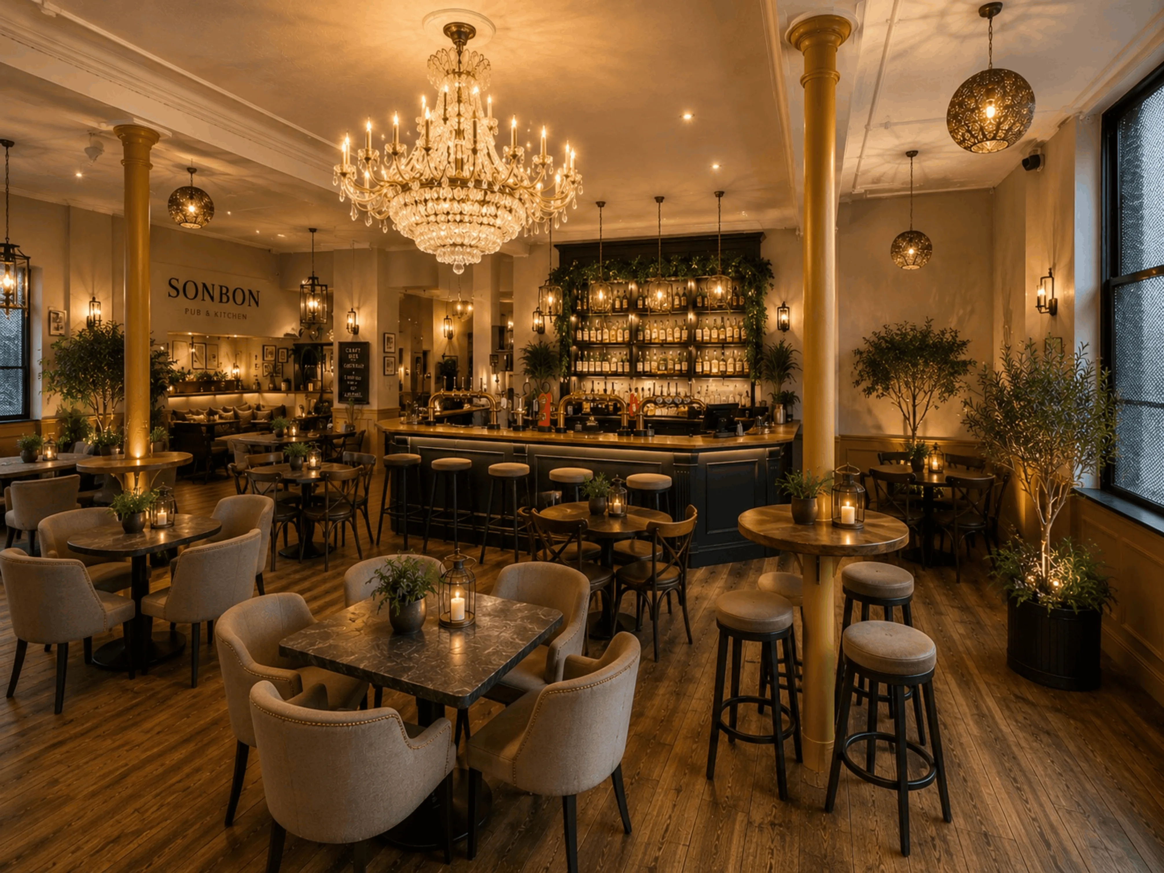 Artist's impression of Sonbon's event space atmosphere with warm lighting and contemporary interior design